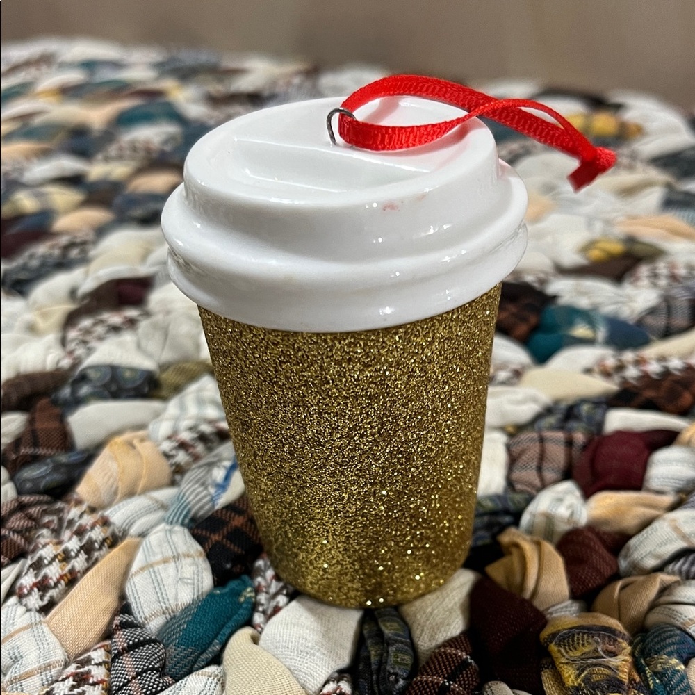 Starbucks Gold Glitter Ornament with Red Ribbon